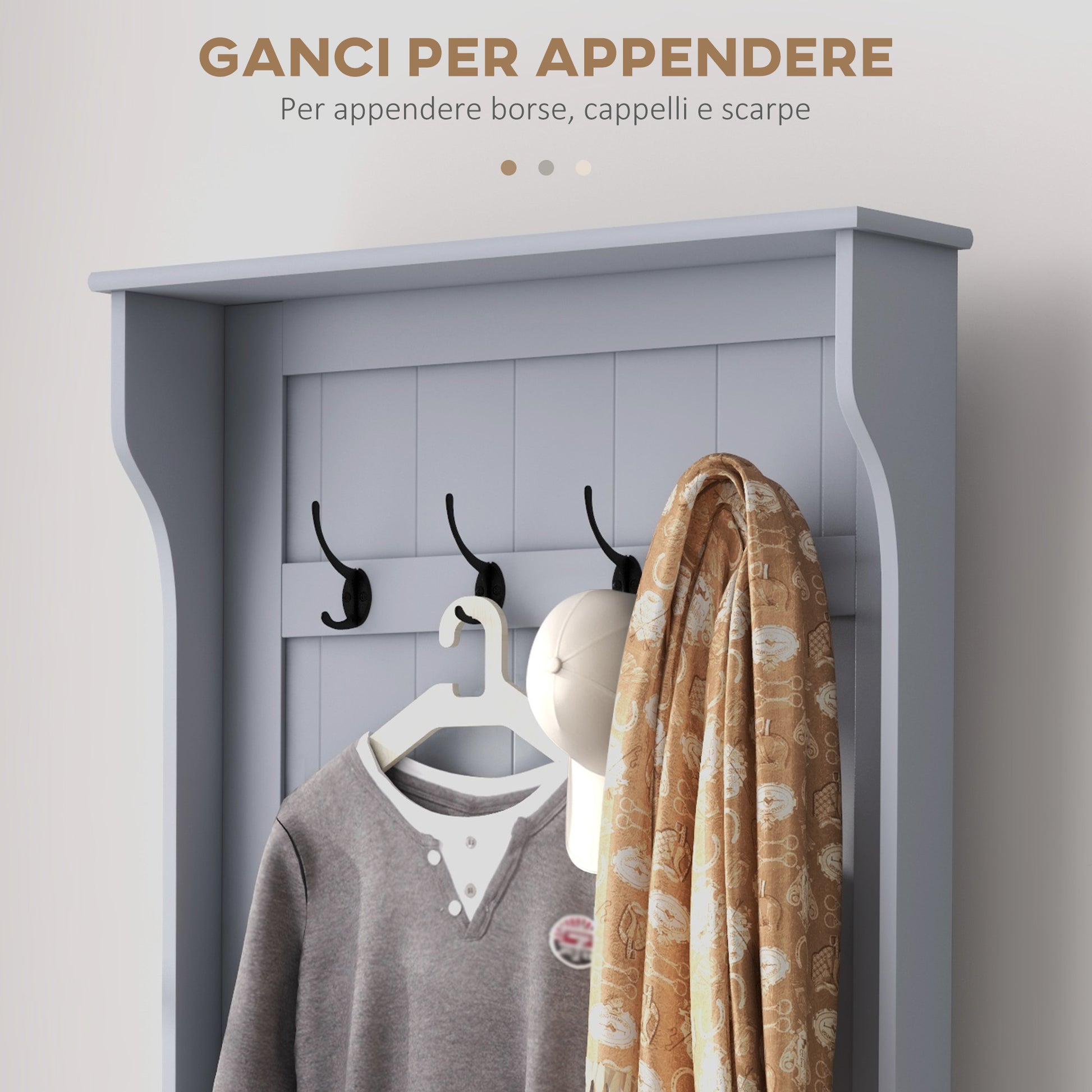 3 in 1 Entryway Coat Rack with Shoe Bench, Space Saving Floor Coat Rack with 4 Hooks and Storage Bench, in MDF, for Hallway, Bedroom, 71.5x39.5x170 cm, Gray