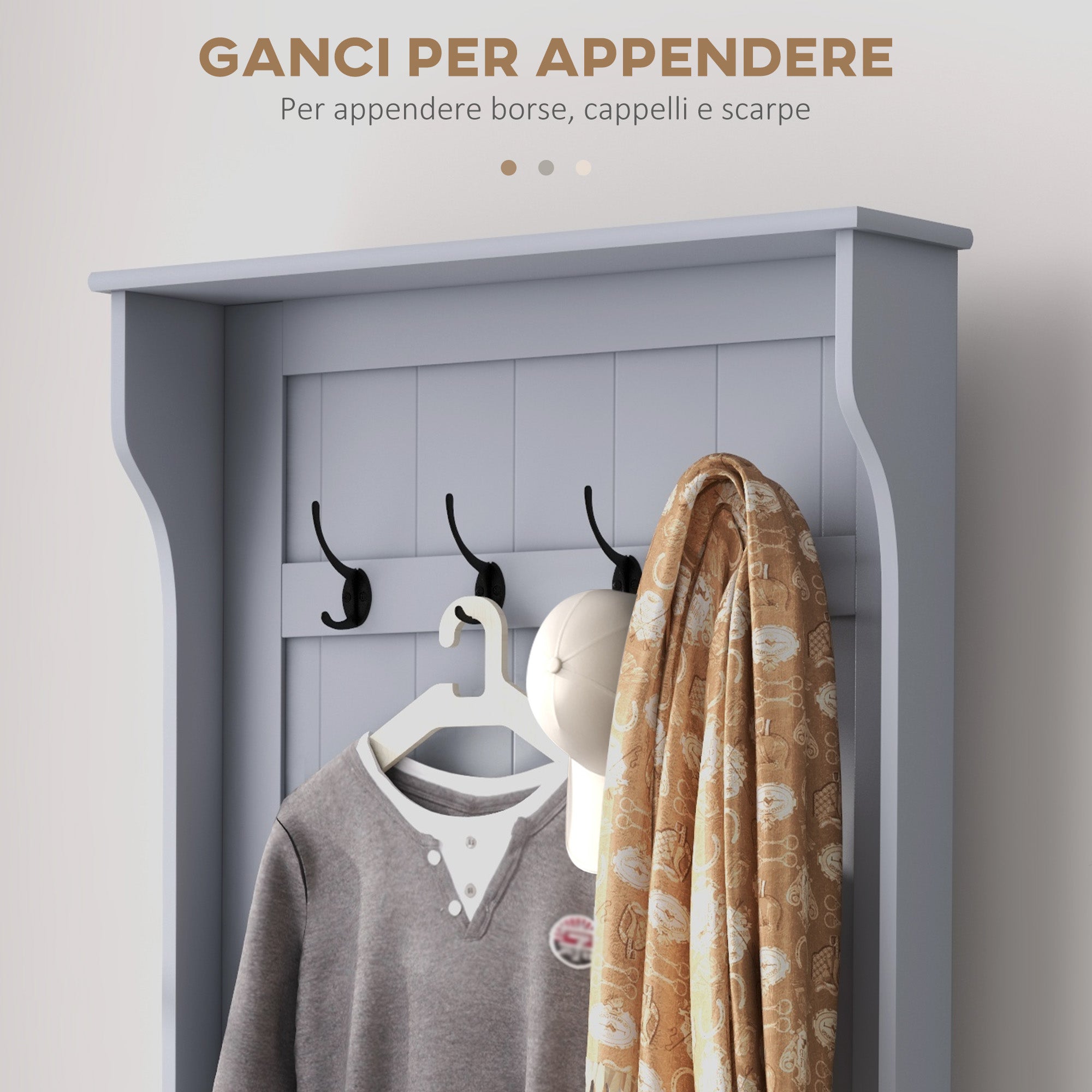 3 in 1 Entryway Coat Rack with Shoe Bench, Space Saving Floor Coat Rack with 4 Hooks and Storage Bench, in MDF, for Hallway, Bedroom, 71.5x39.5x170 cm, Gray