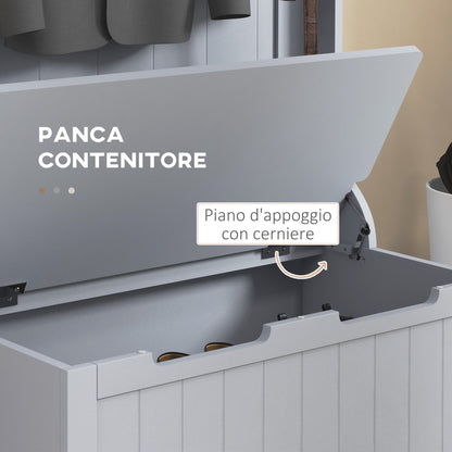 3 in 1 Entryway Coat Rack with Shoe Bench, Space Saving Floor Coat Rack with 4 Hooks and Storage Bench, in MDF, for Hallway, Bedroom, 71.5x39.5x170 cm, Gray