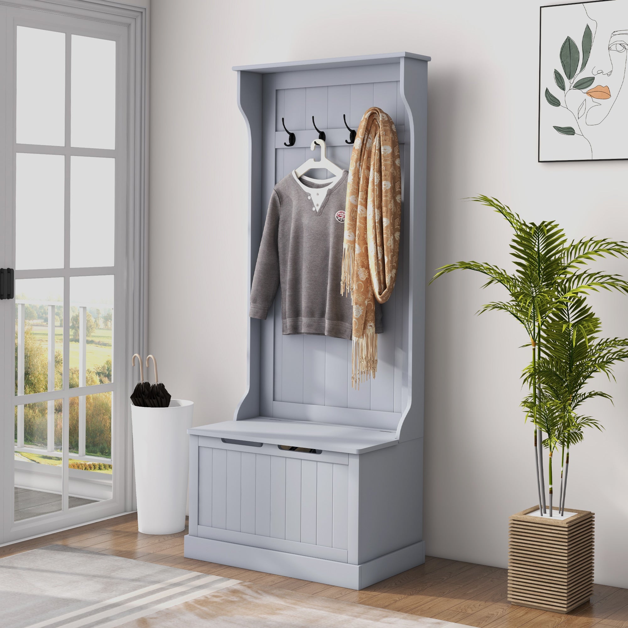 3 in 1 Entryway Coat Rack with Shoe Bench, Space Saving Floor Coat Rack with 4 Hooks and Storage Bench, in MDF, for Hallway, Bedroom, 71.5x39.5x170 cm, Gray