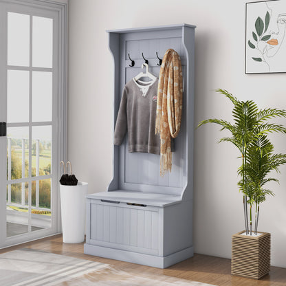 3 in 1 Entryway Coat Rack with Shoe Bench, Space Saving Floor Coat Rack with 4 Hooks and Storage Bench, in MDF, for Hallway, Bedroom, 71.5x39.5x170 cm, Gray