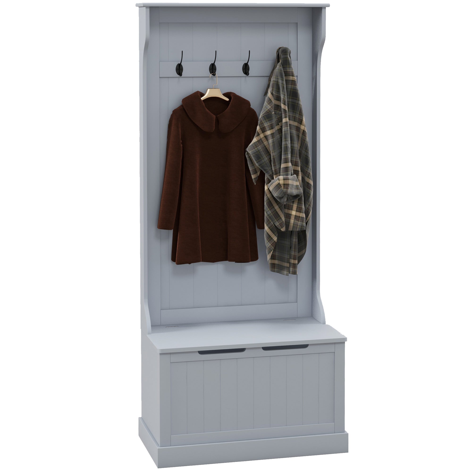 3 in 1 Entryway Coat Rack with Shoe Bench, Space Saving Floor Coat Rack with 4 Hooks and Storage Bench, in MDF, for Hallway, Bedroom, 71.5x39.5x170 cm, Gray