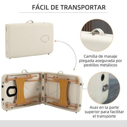 Folding Massage Table 210x81 cm Professional Beauty Table with Removable Headrest 2 Zones Wooden Frame with Adjustable Height and Carry Bag Cream
