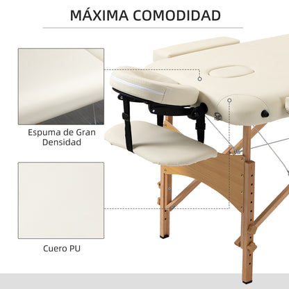 Folding Massage Table 210x81 cm Professional Beauty Table with Removable Headrest 2 Zones Wooden Frame with Adjustable Height and Carry Bag Cream