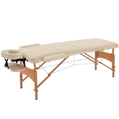 Folding Massage Table 210x81 cm Professional Beauty Table with Removable Headrest 2 Zones Wooden Frame with Adjustable Height and Carry Bag Cream