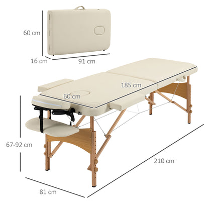 Folding Massage Table 210x81 cm Professional Beauty Table with Removable Headrest 2 Zones Wooden Frame with Adjustable Height and Carry Bag Cream