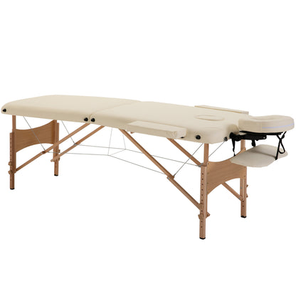 Folding Massage Table 210x81 cm Professional Beauty Table with Removable Headrest 2 Zones Wooden Frame with Adjustable Height and Carry Bag Cream