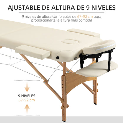 Folding Massage Table 210x81 cm Professional Beauty Table with Removable Headrest 2 Zones Wooden Frame with Adjustable Height and Carry Bag Cream