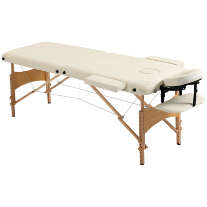 Folding Massage Table 210x81 cm Professional Beauty Table with Removable Headrest 2 Zones Wooden Frame with Adjustable Height and Carry Bag Cream