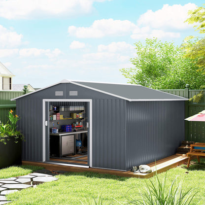 Metal Tool Shed 26.2m³ 340x386x200cm Equipment Shed with Gable Roof Foundation Sliding Door Weatherproof Garden House Outdoor Garden Shed Cabinet for Outdoor Use, Charcoal Gray