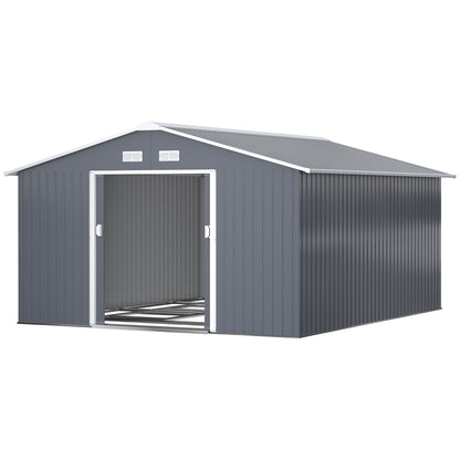 Metal Tool Shed 26.2m³ 340x386x200cm Equipment Shed with Gable Roof Foundation Sliding Door Weatherproof Garden House Outdoor Garden Shed Cabinet for Outdoor Use, Charcoal Gray