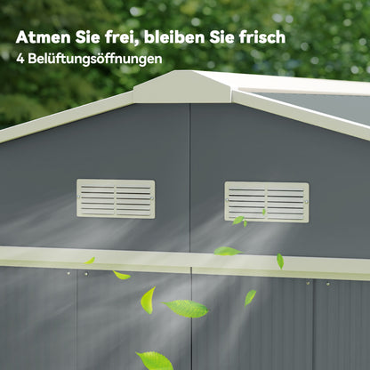 Metal Tool Shed 26.2m³ 340x386x200cm Equipment Shed with Gable Roof Foundation Sliding Door Weatherproof Garden House Outdoor Garden Shed Cabinet for Outdoor Use, Charcoal Gray