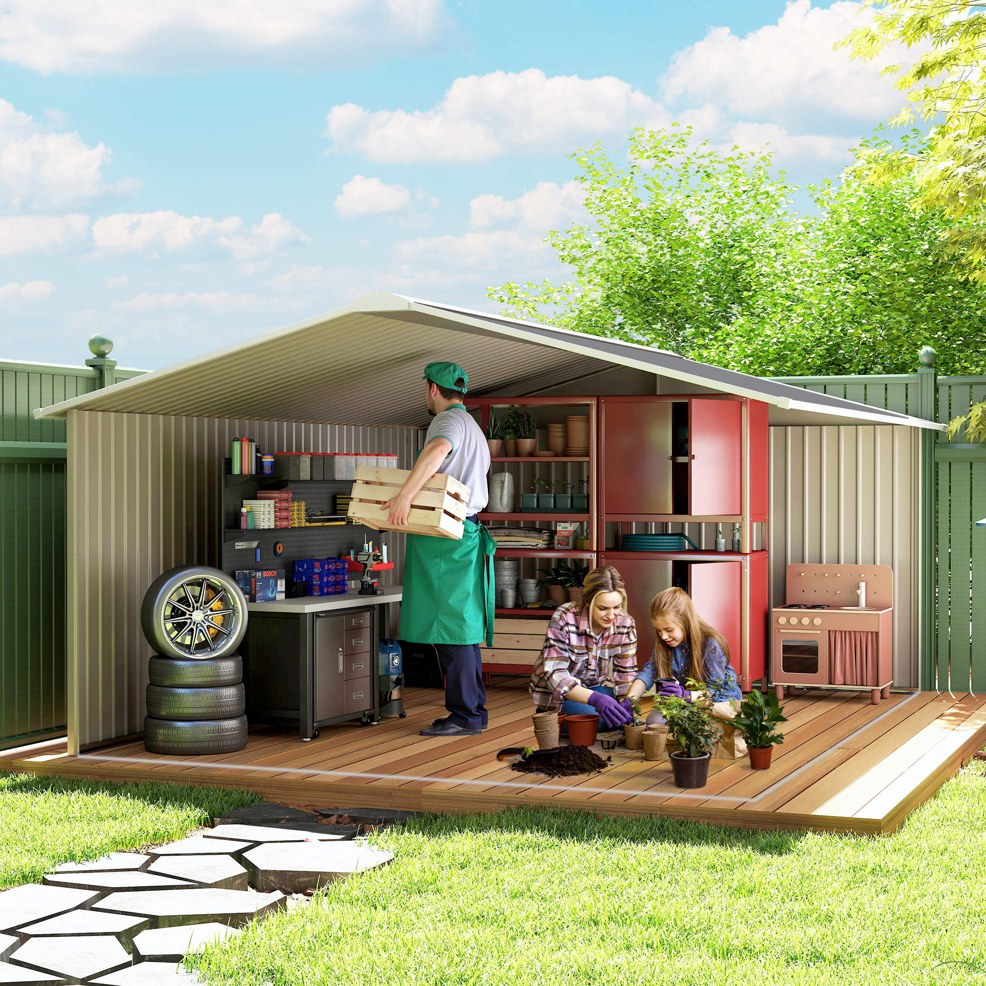 Metal Tool Shed 26.2m³ 340x386x200cm Equipment Shed with Gable Roof Foundation Sliding Door Weatherproof Garden House Outdoor Garden Shed Cabinet for Outdoor Use, Charcoal Gray