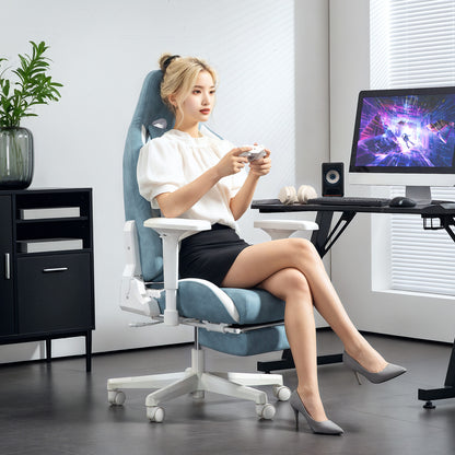 Gaming Chair with Reclining Function, Height Adjustable Desk Chair with Head and Lumbar Pillows, Ergonomic Gaming Seat with Extendable Footrest, Artificial Leather, up to 120 kg, Blue