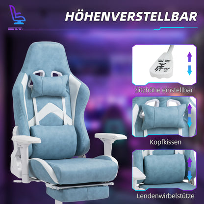 Gaming Chair with Reclining Function, Height Adjustable Desk Chair with Head and Lumbar Pillows, Ergonomic Gaming Seat with Extendable Footrest, Artificial Leather, up to 120 kg, Blue