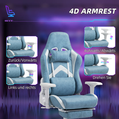 Gaming Chair with Reclining Function, Height Adjustable Desk Chair with Head and Lumbar Pillows, Ergonomic Gaming Seat with Extendable Footrest, Artificial Leather, up to 120 kg, Blue