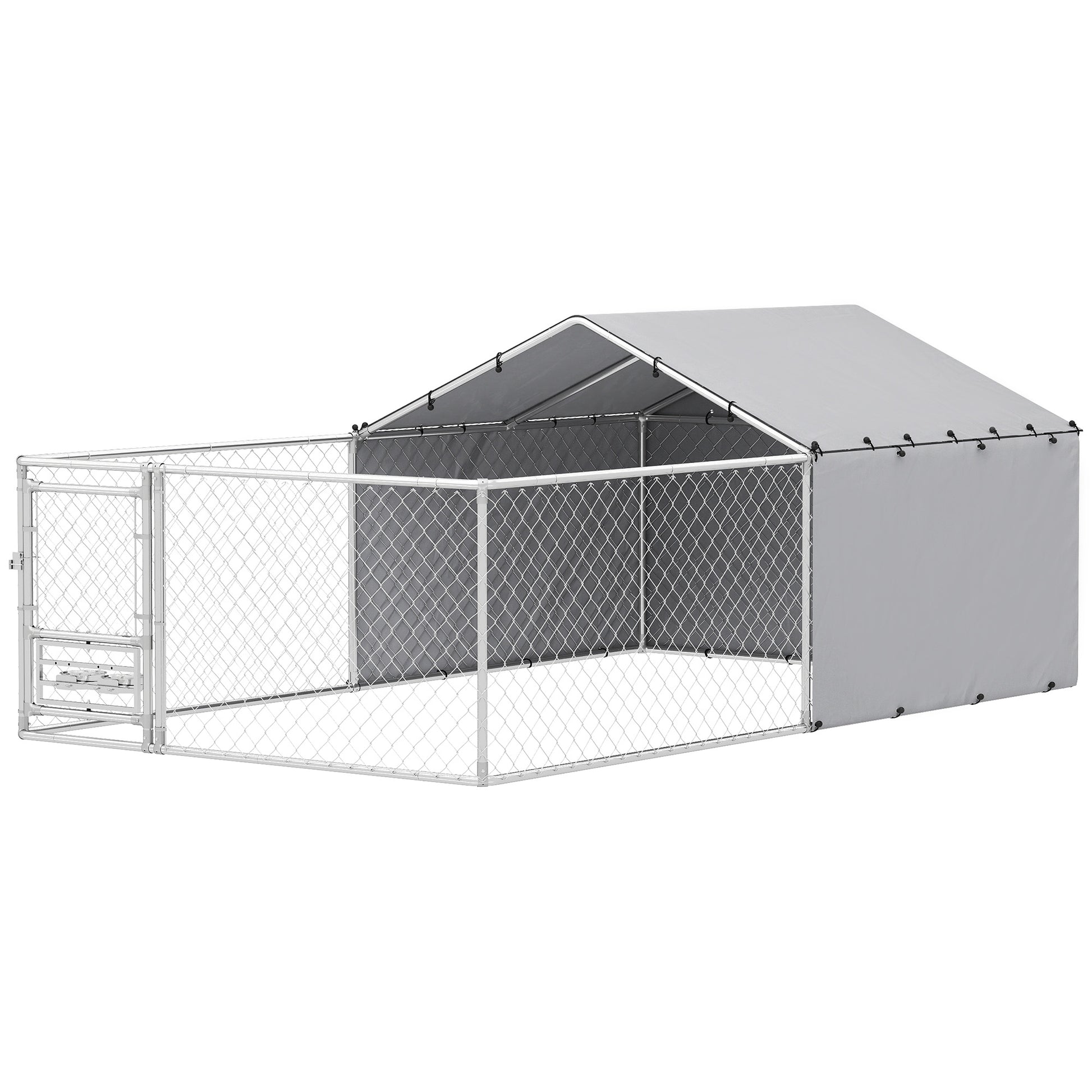 Kennel Dog Enclosure with UV-Resistant Waterproof Roof and Rotating Bowls, Dog Kennel Cage for Medium and Large Dogs with Steel Lockable Door, 400x230x150 cm, Silver