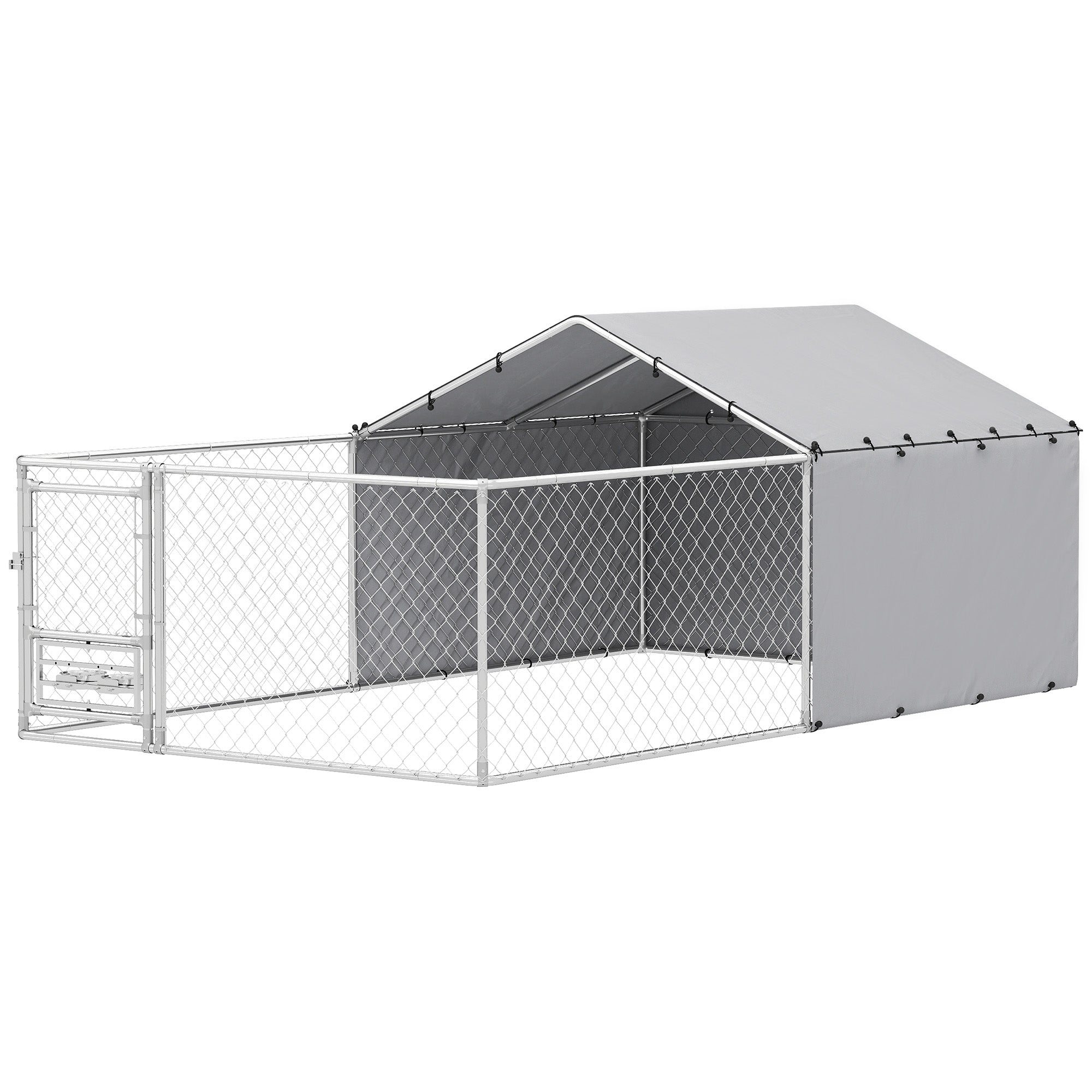 Kennel Dog Enclosure with UV-Resistant Waterproof Roof and Rotating Bowls, Dog Kennel Cage for Medium and Large Dogs with Steel Lockable Door, 400x230x150 cm, Silver