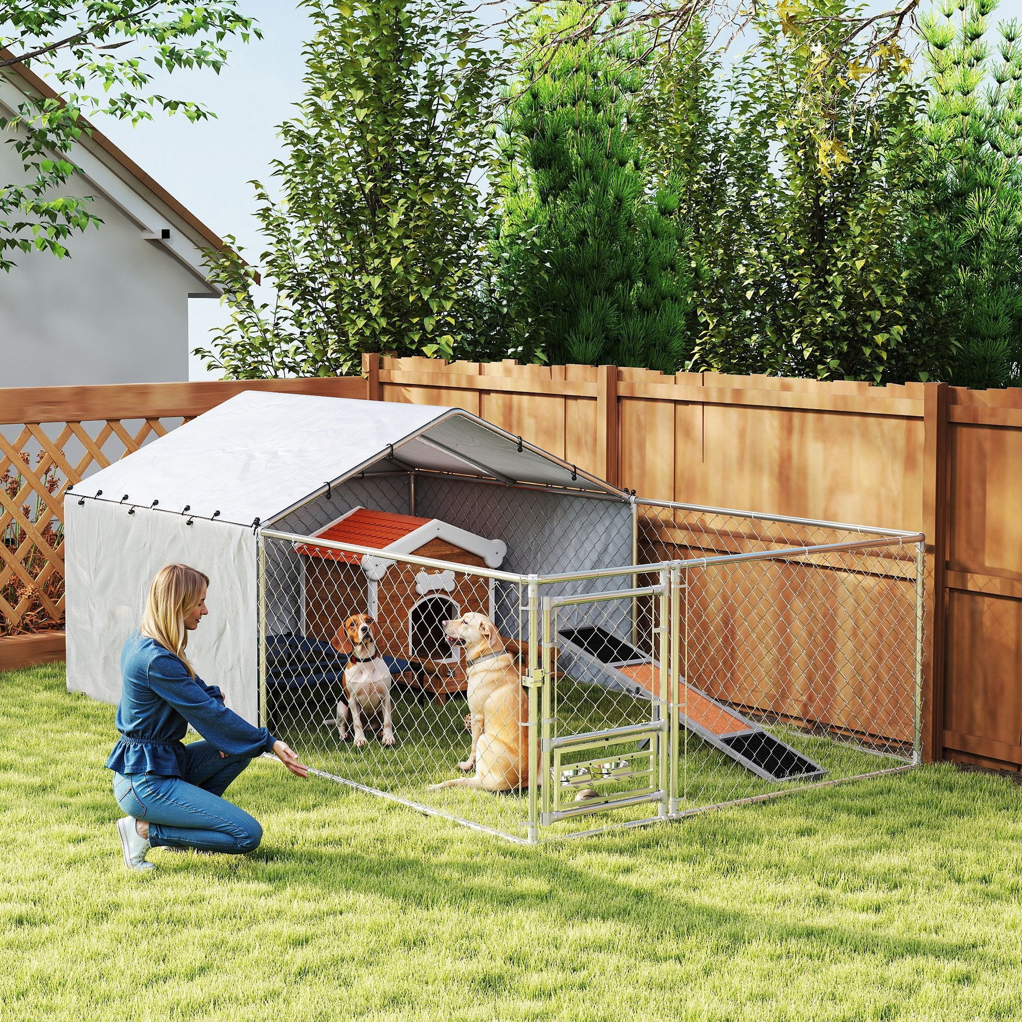 Kennel Dog Enclosure with UV-Resistant Waterproof Roof and Rotating Bowls, Dog Kennel Cage for Medium and Large Dogs with Steel Lockable Door, 400x230x150 cm, Silver