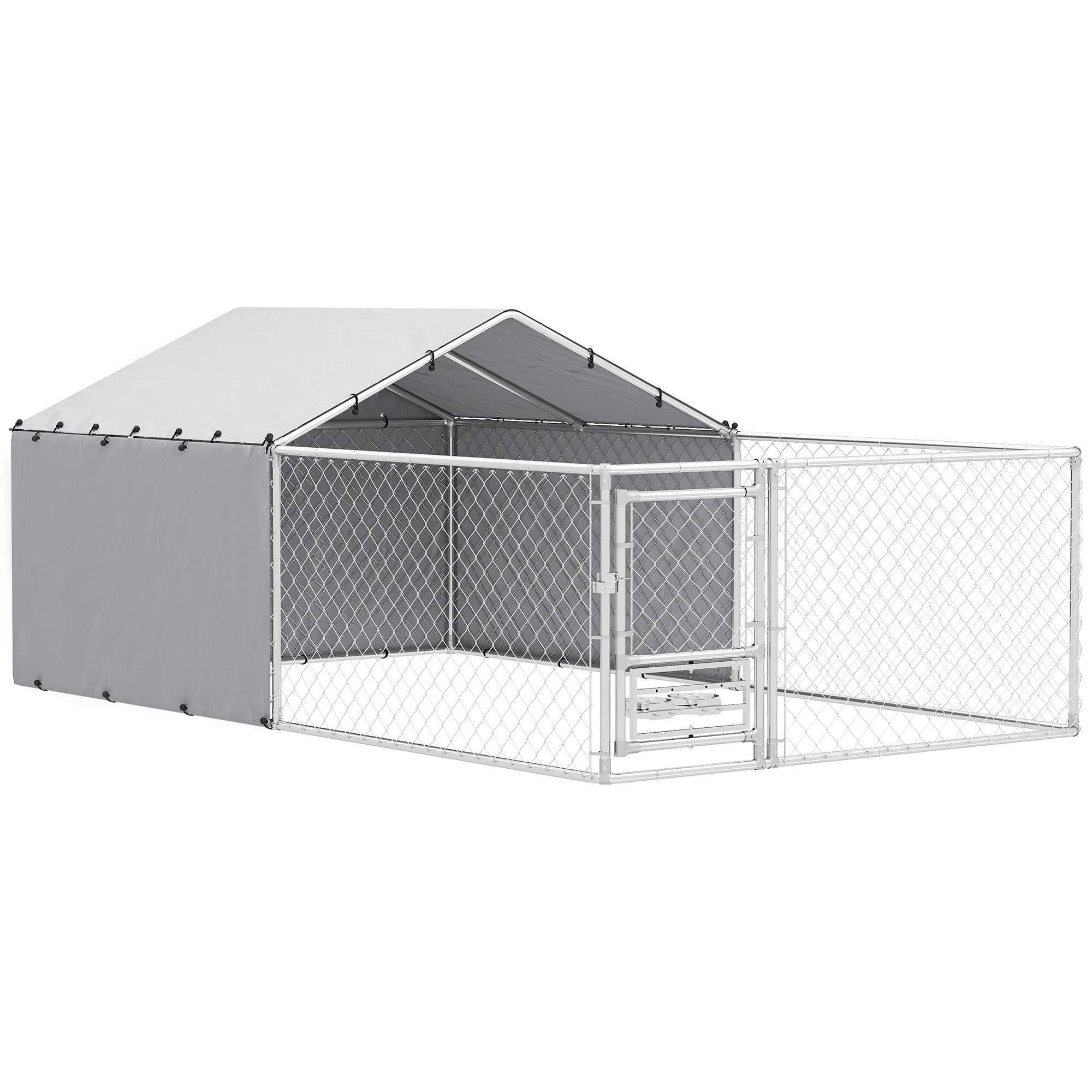 Kennel Dog Enclosure with UV-Resistant Waterproof Roof and Rotating Bowls, Dog Kennel Cage for Medium and Large Dogs with Steel Lockable Door, 400x230x150 cm, Silver