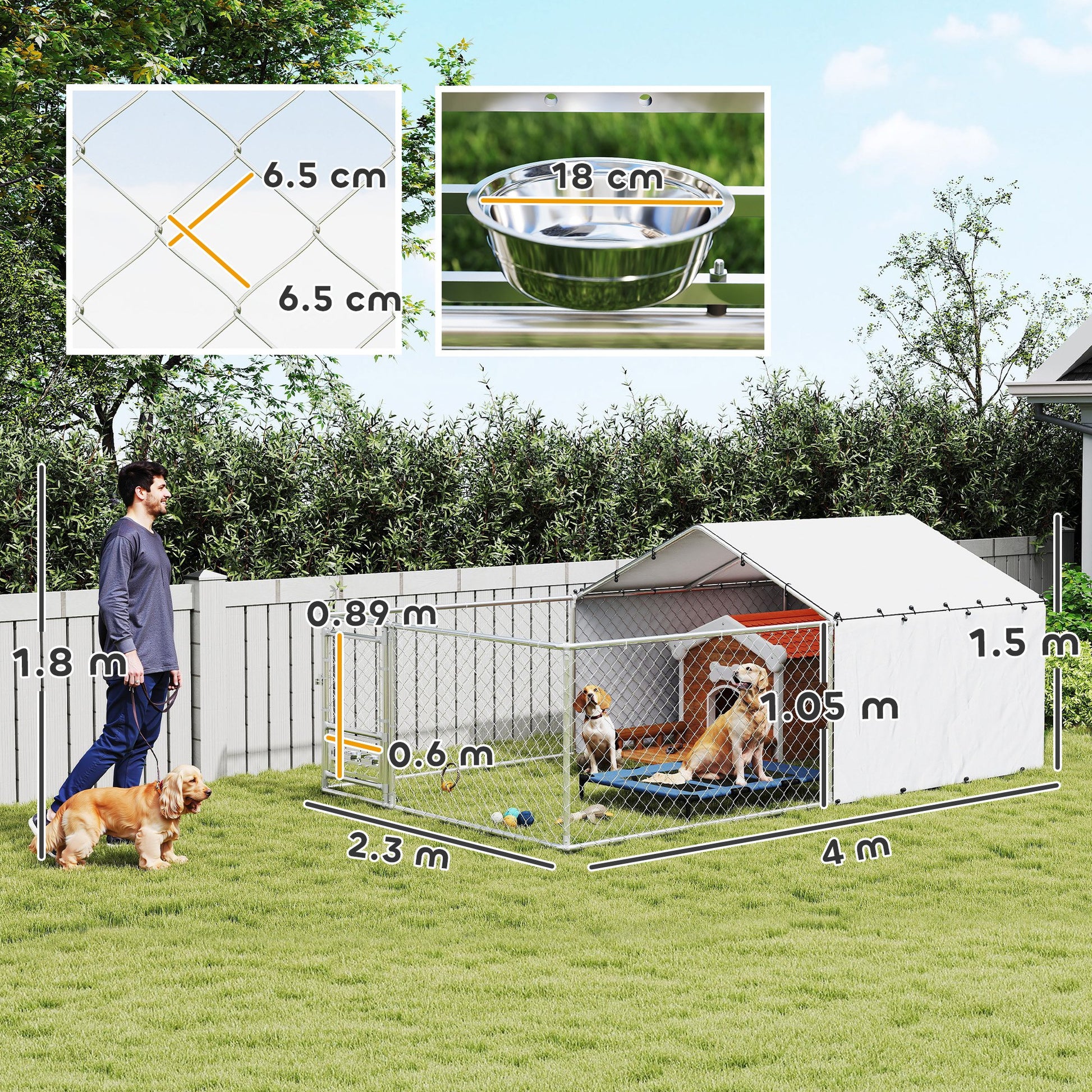 Kennel Dog Enclosure with UV-Resistant Waterproof Roof and Rotating Bowls, Dog Kennel Cage for Medium and Large Dogs with Steel Lockable Door, 400x230x150 cm, Silver