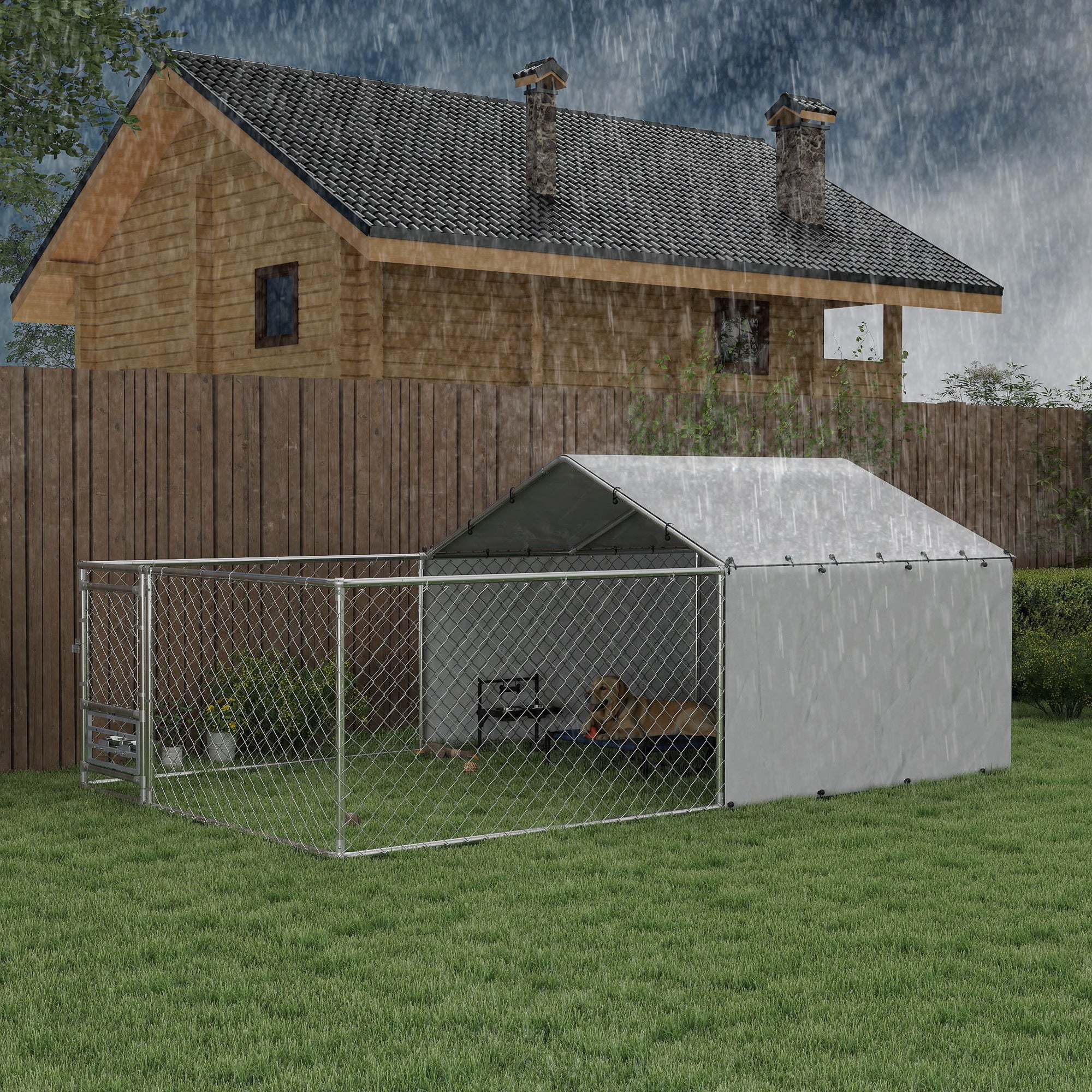 Kennel Dog Enclosure with UV-Resistant Waterproof Roof and Rotating Bowls, Dog Kennel Cage for Medium and Large Dogs with Steel Lockable Door, 400x230x150 cm, Silver