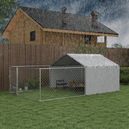 Kennel Dog Enclosure with UV-Resistant Waterproof Roof and Rotating Bowls, Dog Kennel Cage for Medium and Large Dogs with Steel Lockable Door, 400x230x150 cm, Silver