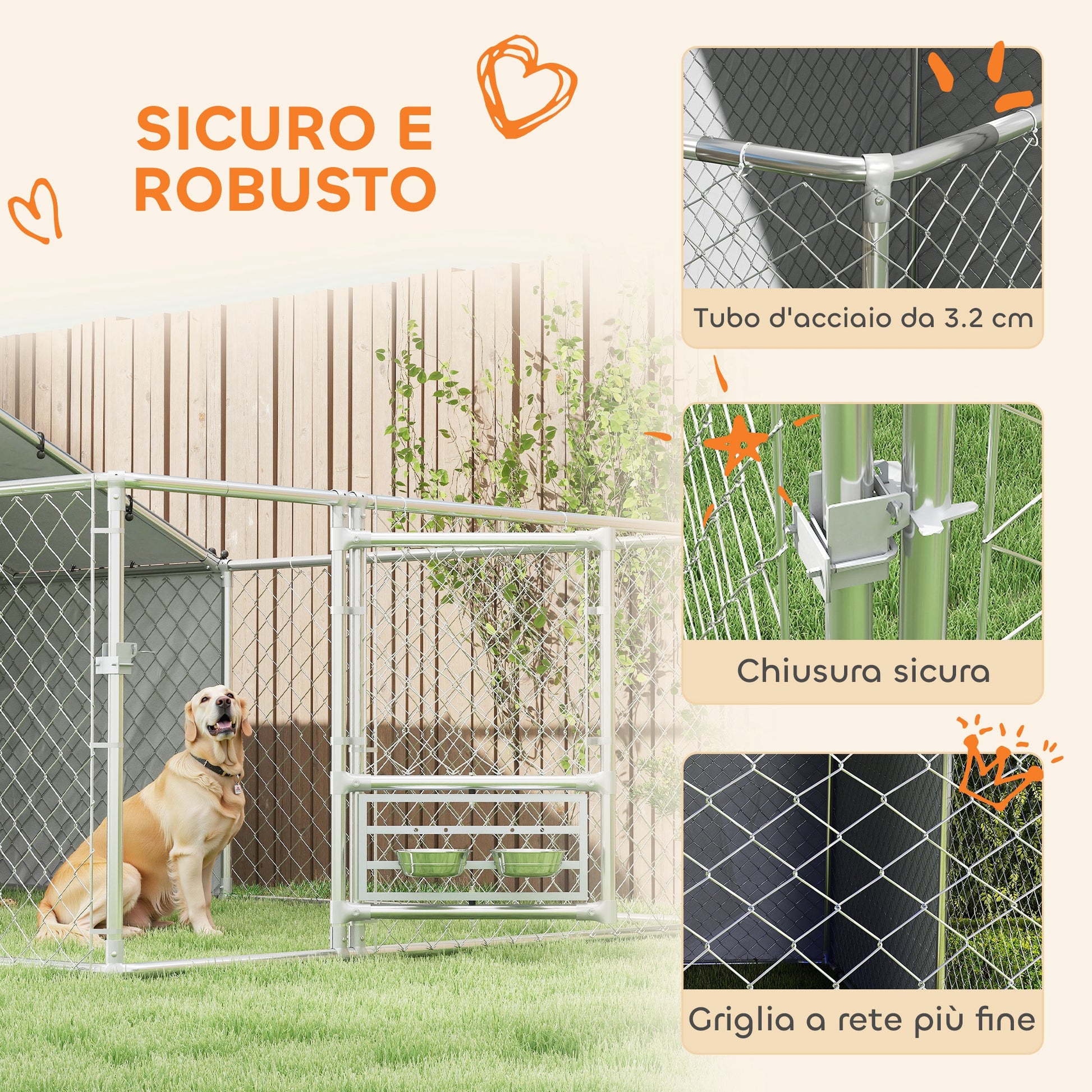 Kennel Dog Enclosure with UV-Resistant Waterproof Roof and Rotating Bowls, Dog Kennel Cage for Medium and Large Dogs with Steel Lockable Door, 400x230x150 cm, Silver