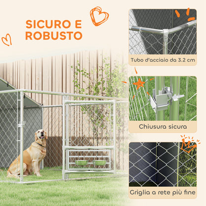 Kennel Dog Enclosure with UV-Resistant Waterproof Roof and Rotating Bowls, Dog Kennel Cage for Medium and Large Dogs with Steel Lockable Door, 400x230x150 cm, Silver