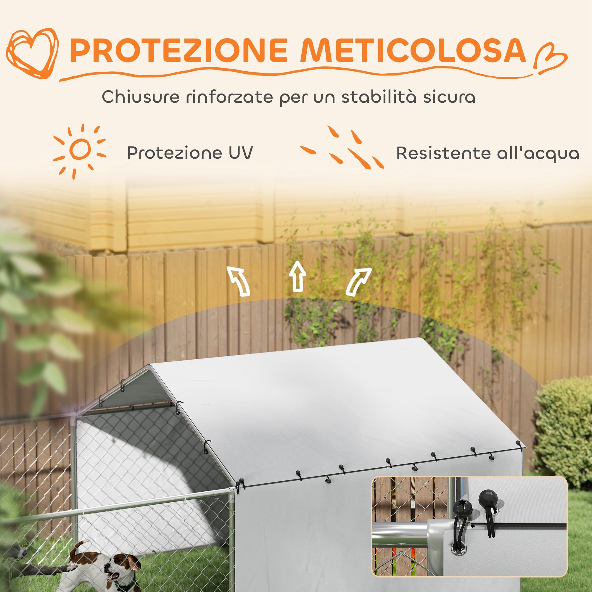 Kennel Dog Enclosure with UV-Resistant Waterproof Roof and Rotating Bowls, Dog Kennel Cage for Medium and Large Dogs with Steel Lockable Door, 400x230x150 cm, Silver