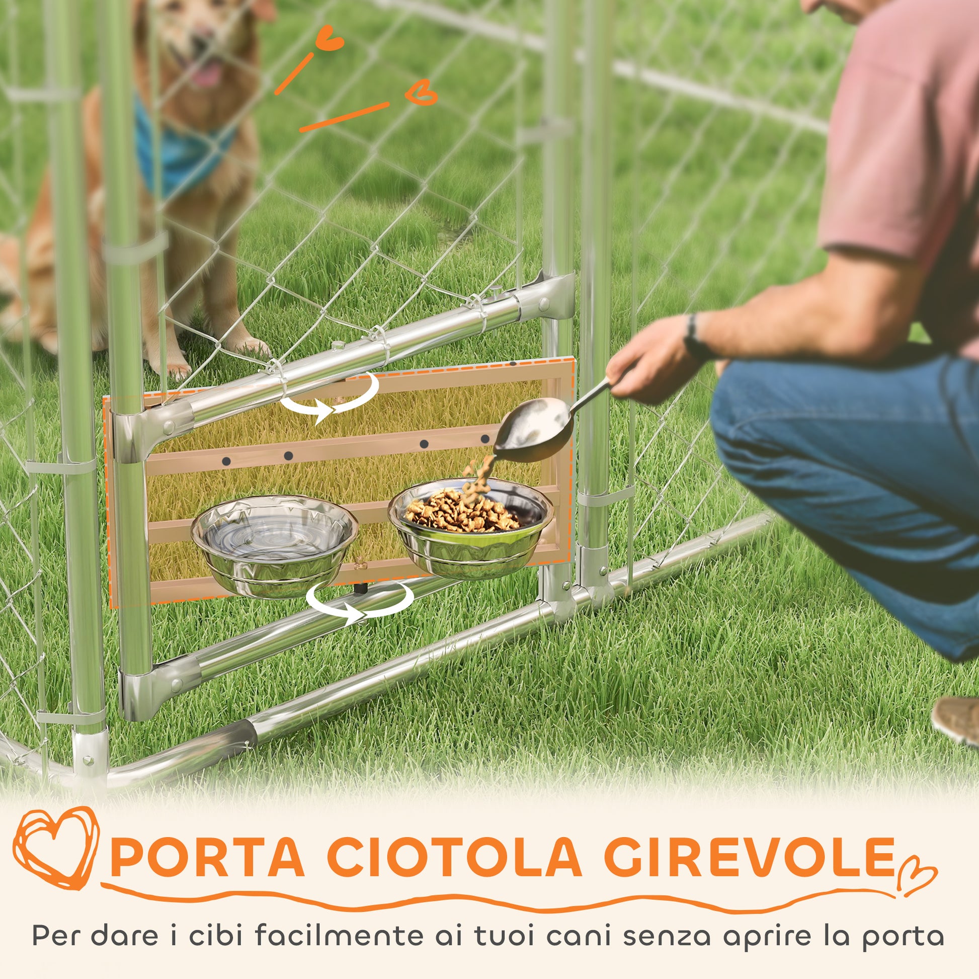 Kennel Dog Enclosure with UV-Resistant Waterproof Roof and Rotating Bowls, Dog Kennel Cage for Medium and Large Dogs with Steel Lockable Door, 400x230x150 cm, Silver