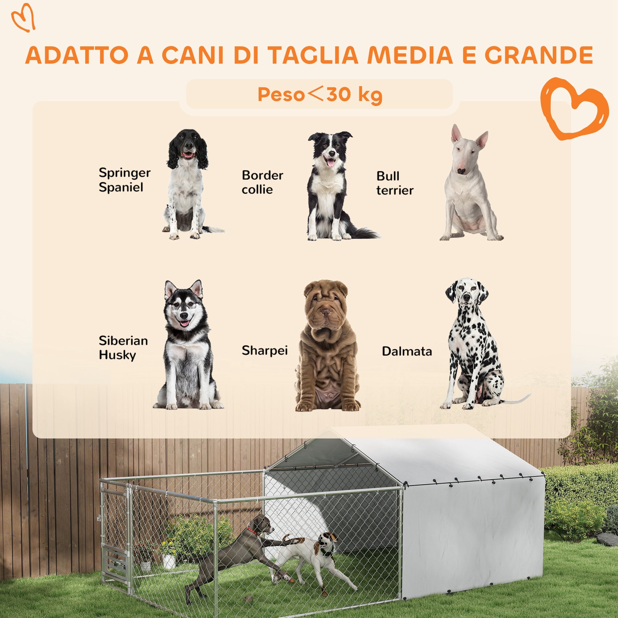 Kennel Dog Enclosure with UV-Resistant Waterproof Roof and Rotating Bowls, Dog Kennel Cage for Medium and Large Dogs with Steel Lockable Door, 400x230x150 cm, Silver