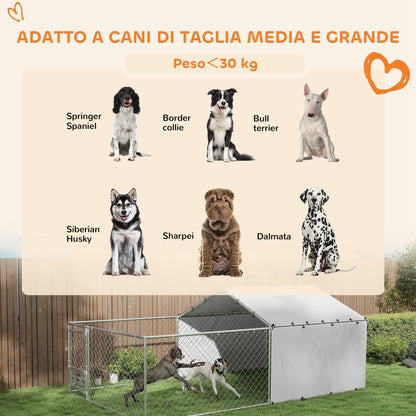 Kennel Dog Enclosure with UV-Resistant Waterproof Roof and Rotating Bowls, Dog Kennel Cage for Medium and Large Dogs with Steel Lockable Door, 400x230x150 cm, Silver