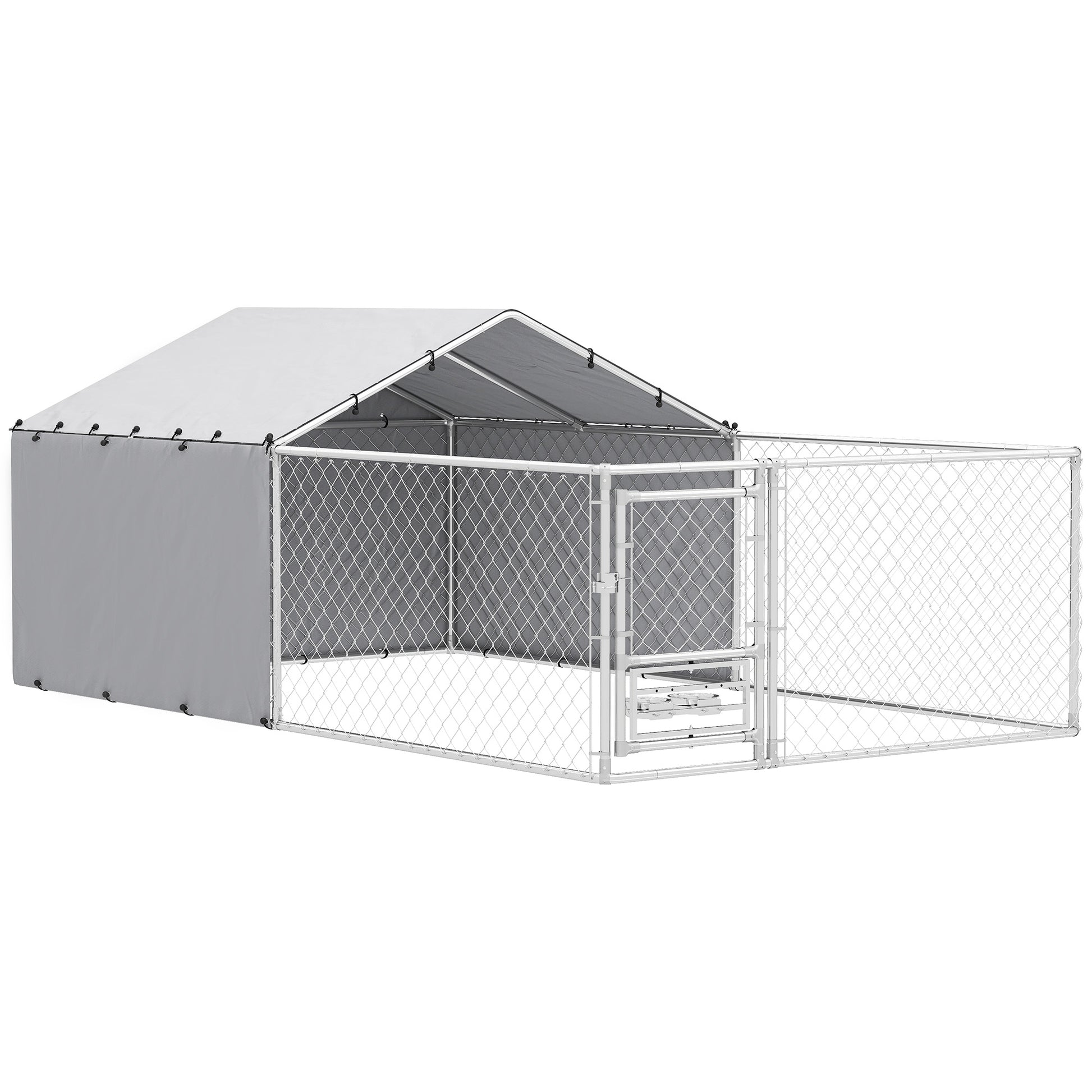 Kennel Dog Enclosure with UV-Resistant Waterproof Roof and Rotating Bowls, Dog Kennel Cage for Medium and Large Dogs with Steel Lockable Door, 400x230x150 cm, Silver