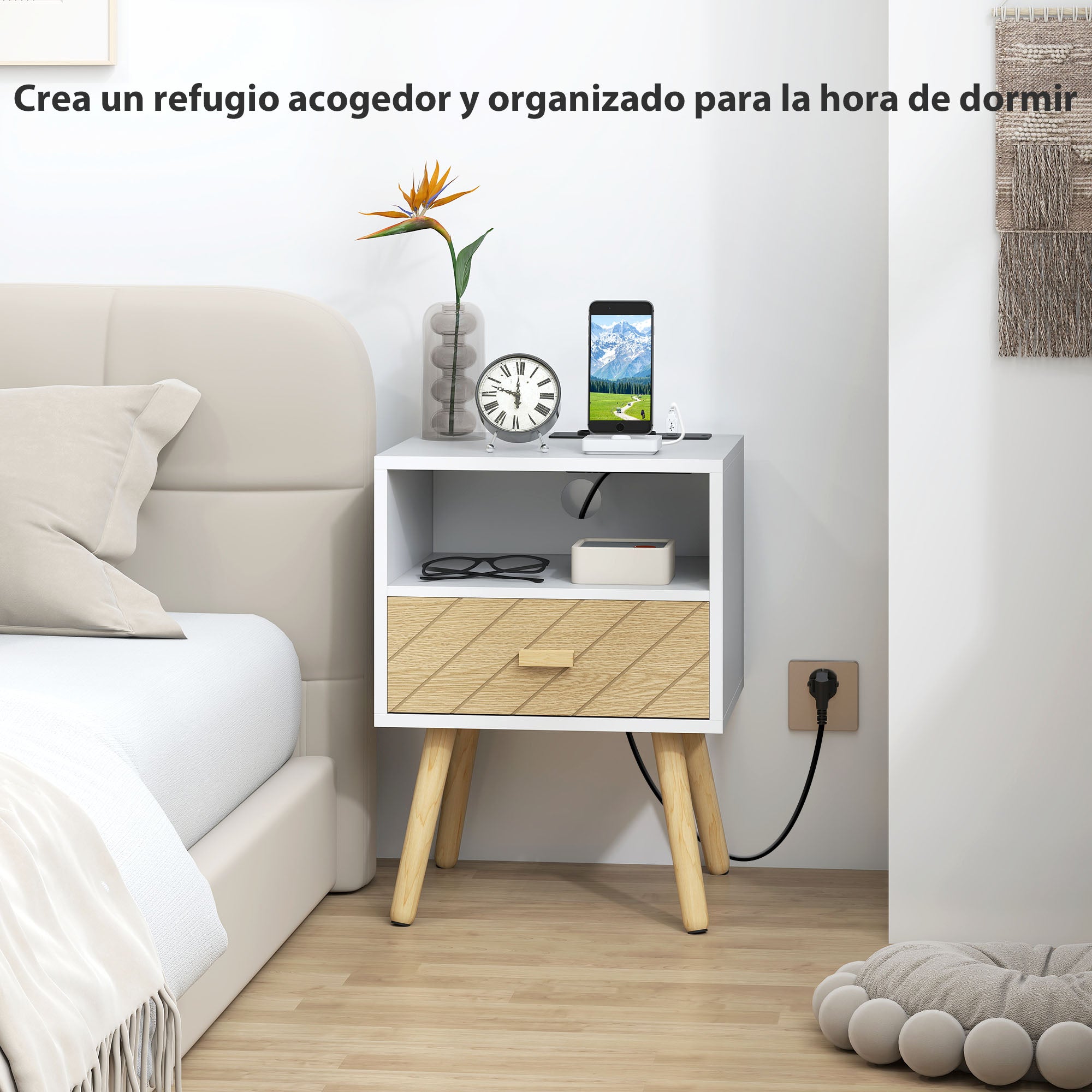 Nightstand with Charging Station, Drawer, 2 AC Outlets, USB & USB-C, Open Shelf, Pine Legs, White