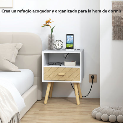 Nightstand with Charging Station, Drawer, 2 AC Outlets, USB & USB-C, Open Shelf, Pine Legs, White