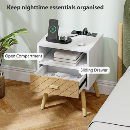 Nightstand with Charging Station, Drawer, 2 AC Outlets, USB & USB-C, Open Shelf, Pine Legs, White