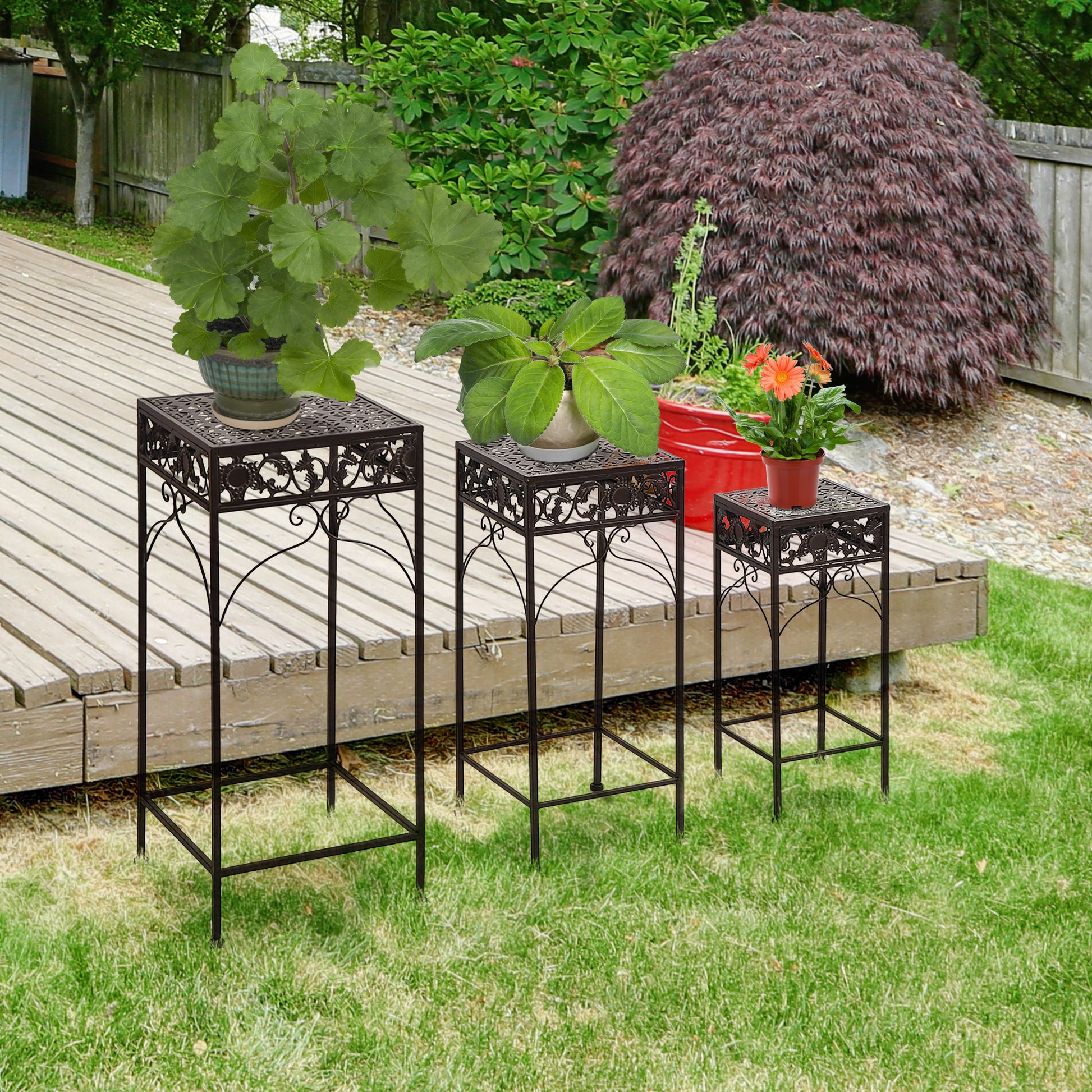 Set of 3 Pieces Classic Iron Plant Stand in Brown