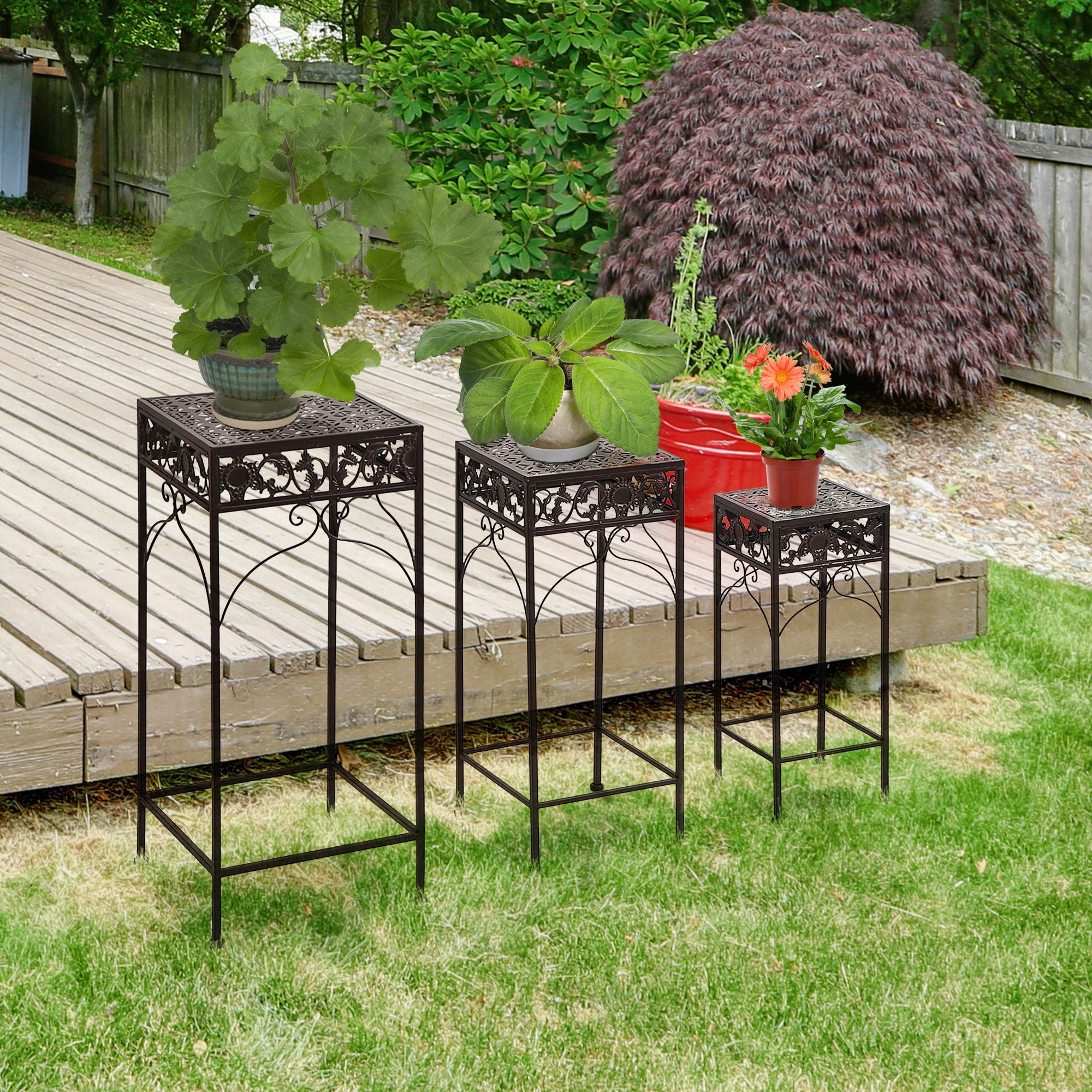 Set of 3 Pieces Classic Iron Plant Stand in Brown