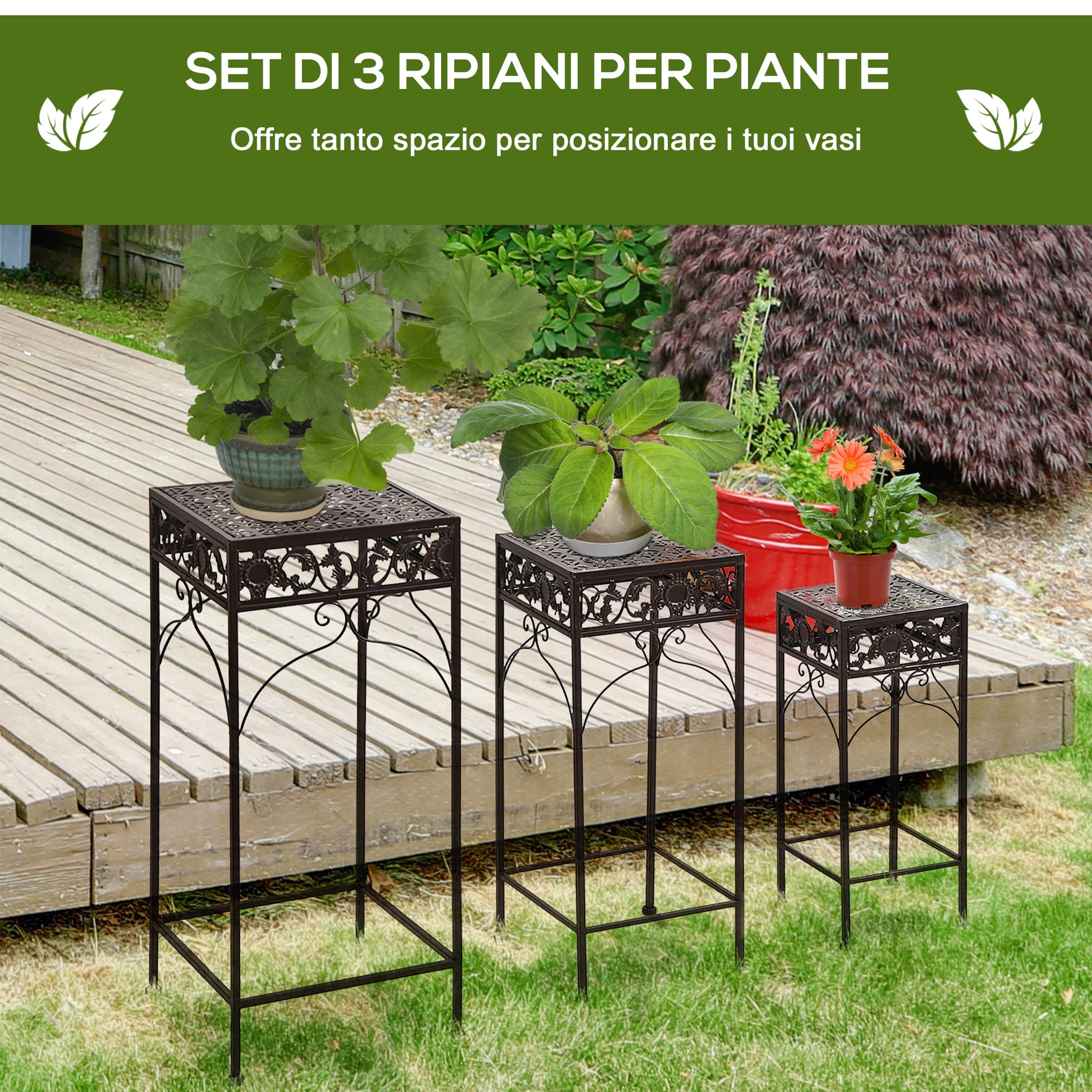 Set of 3 Pieces Classic Iron Plant Stand in Brown