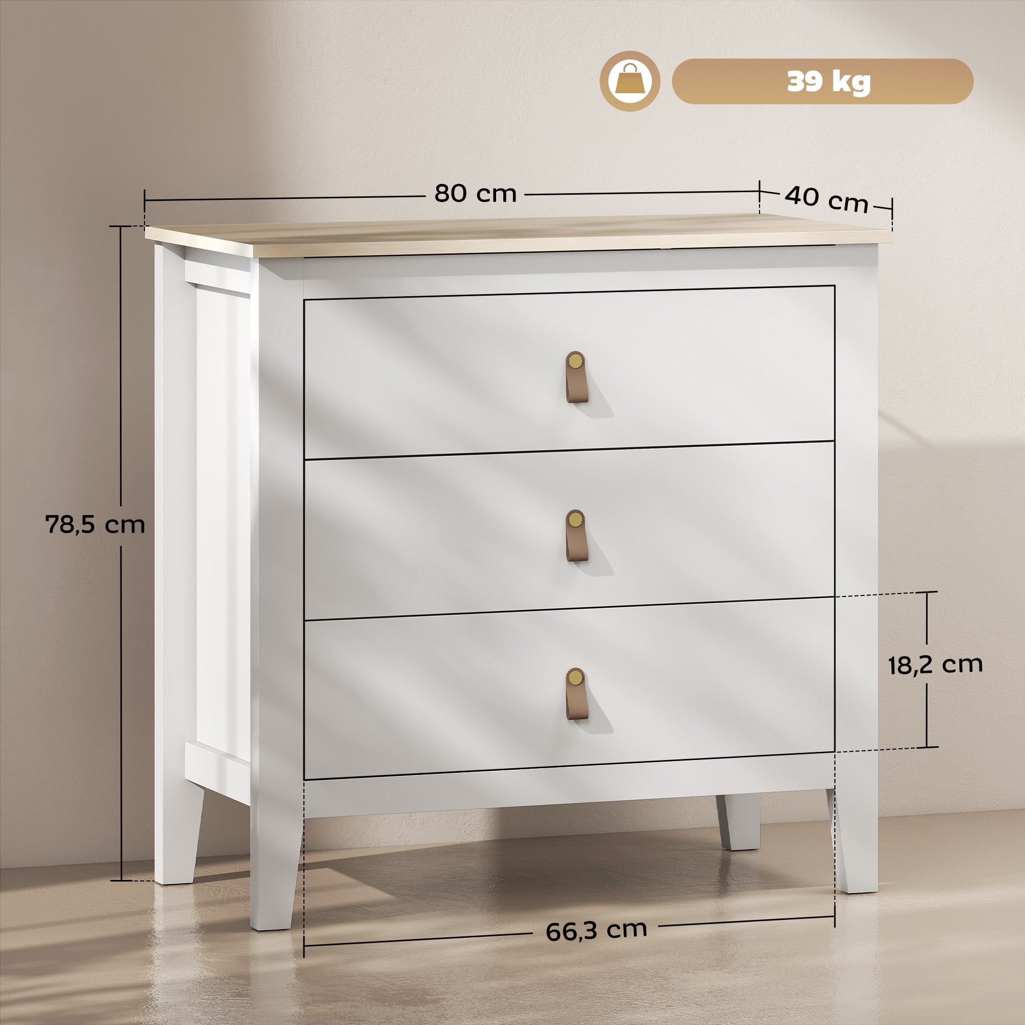 3-Drawer Chest of Drawers Dresser for Bedroom with PU Handles Chest of Drawers for Living Room Hallway 80x40x78.5 cm White