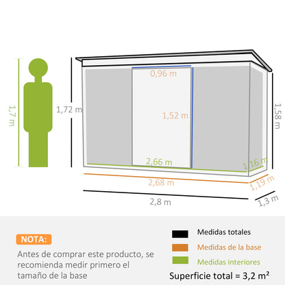 Outdoor Garden Shed 3.2 m² 280x130x172 cm Outdoor Garden Shed with Sliding Door Sloped Roof Reinforced Base (Floor Sold Separately) and 2 Windows Light Gray