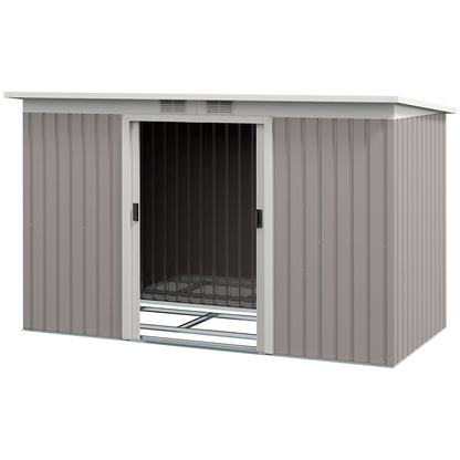 Outdoor Garden Shed 3.2 m² 280x130x172 cm Outdoor Garden Shed with Sliding Door Sloped Roof Reinforced Base (Floor Sold Separately) and 2 Windows Light Gray