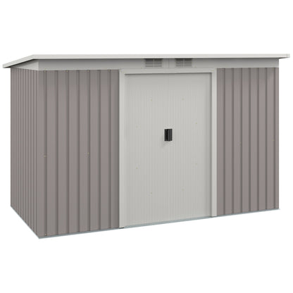 Outdoor Garden Shed 3.2 m² 280x130x172 cm Outdoor Garden Shed with Sliding Door Sloped Roof Reinforced Base (Floor Sold Separately) and 2 Windows Light Gray