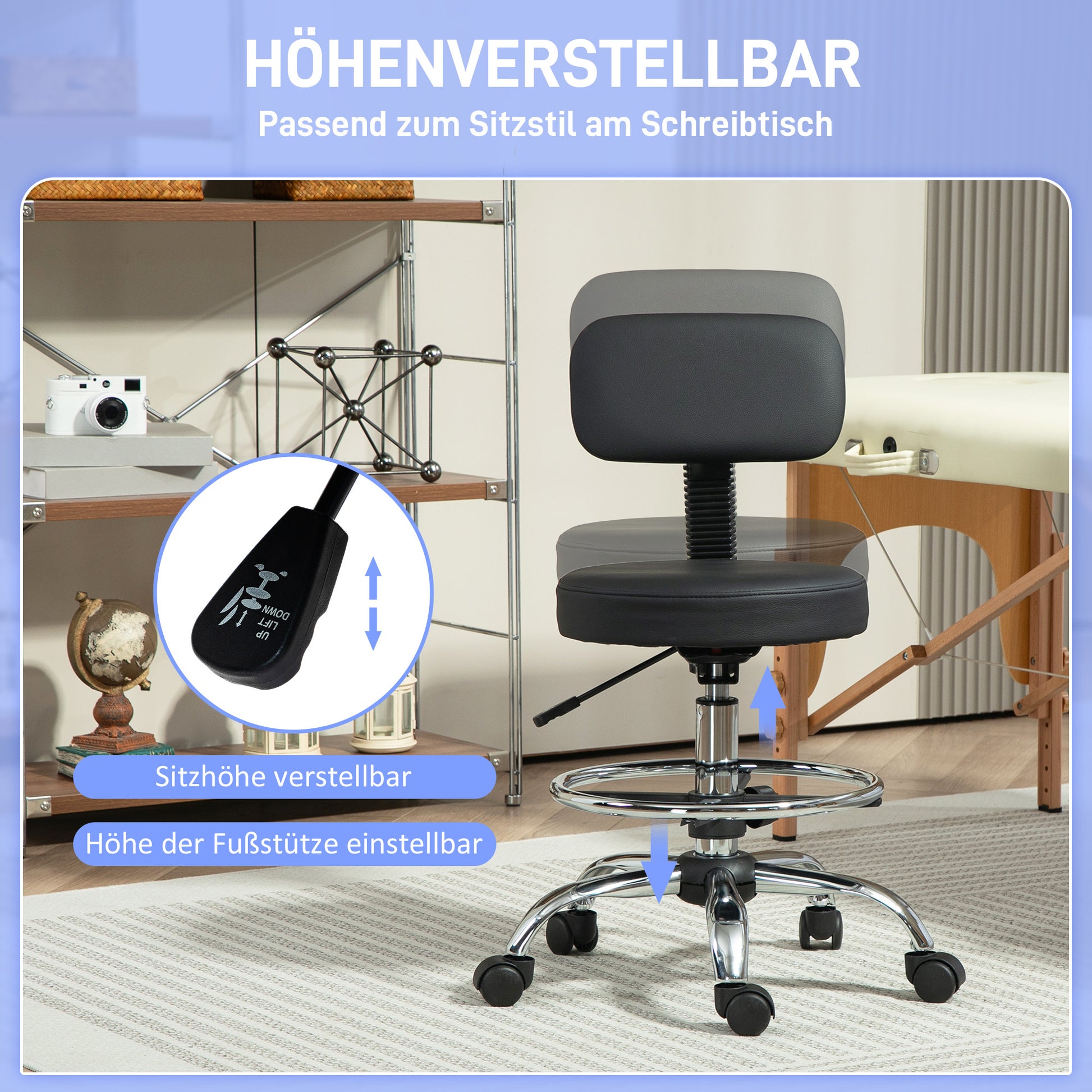 Office Chair Ergonomic Desk Chair with Adjustable Foot Ring, Armless, Height Adjustable Swivel Chair in Black PU Leather