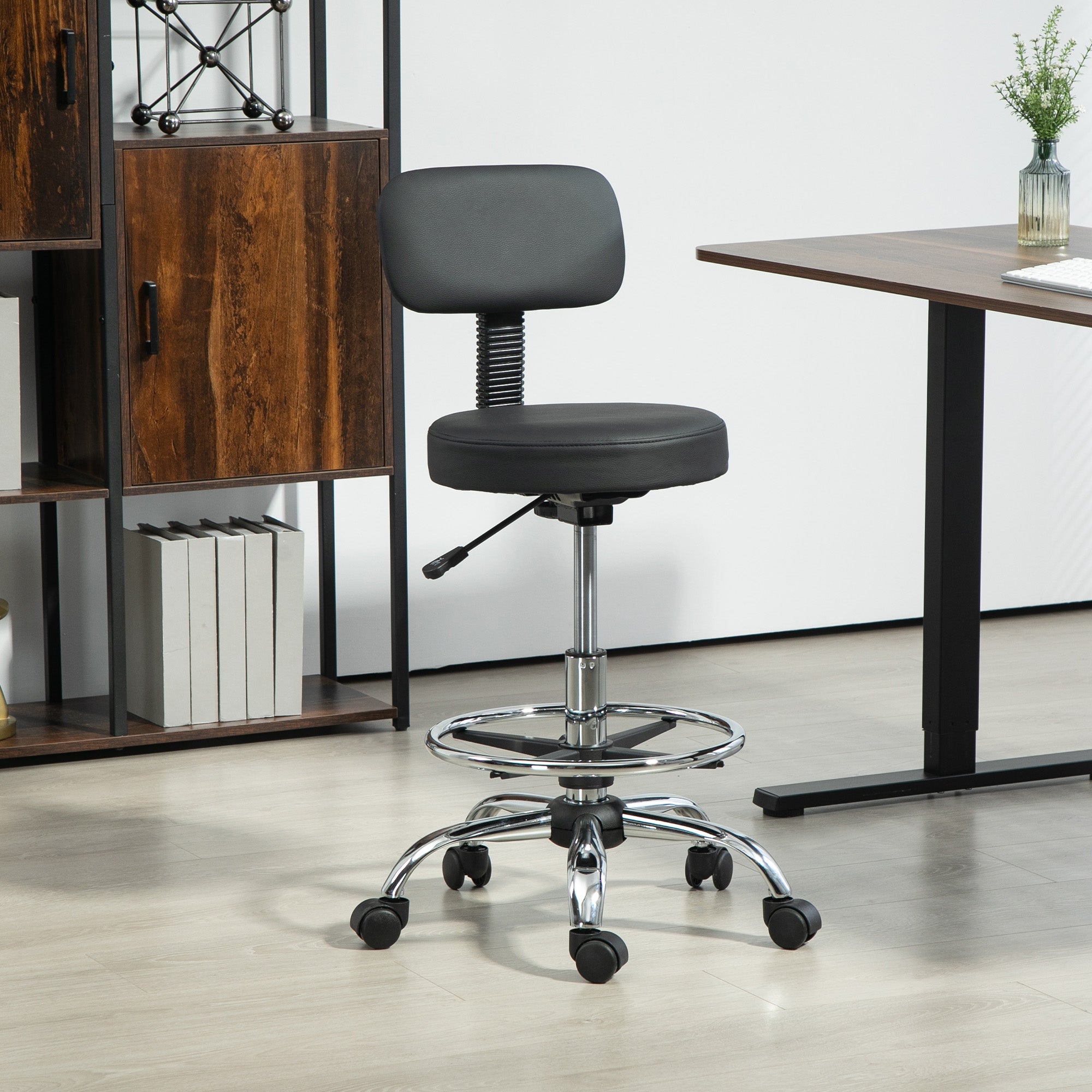 Office Chair Ergonomic Desk Chair with Adjustable Foot Ring, Armless, Height Adjustable Swivel Chair in Black PU Leather