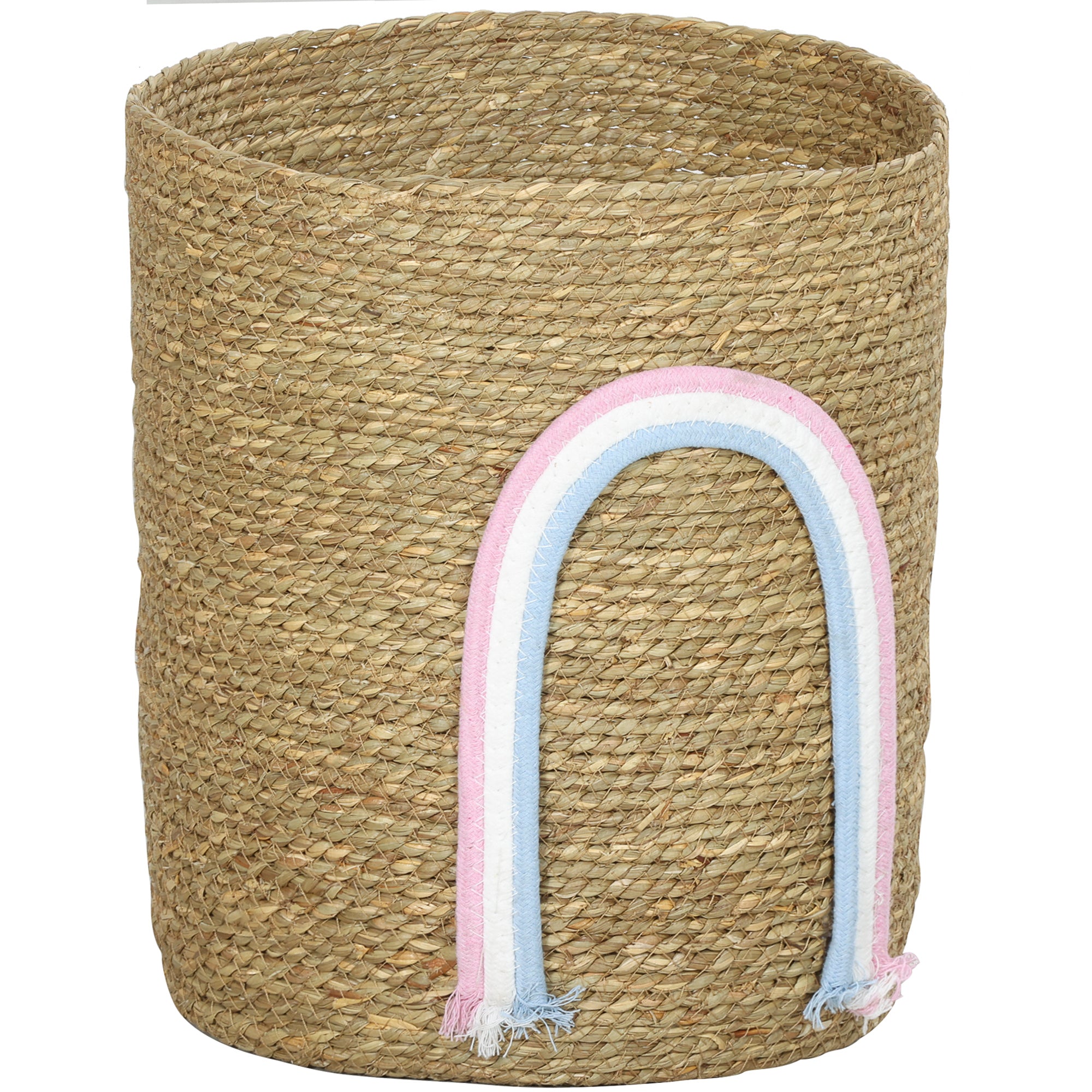 Woven Seagrass Storage Basket with Rainbow Accent — Natural, 12 x 12 x 14 in