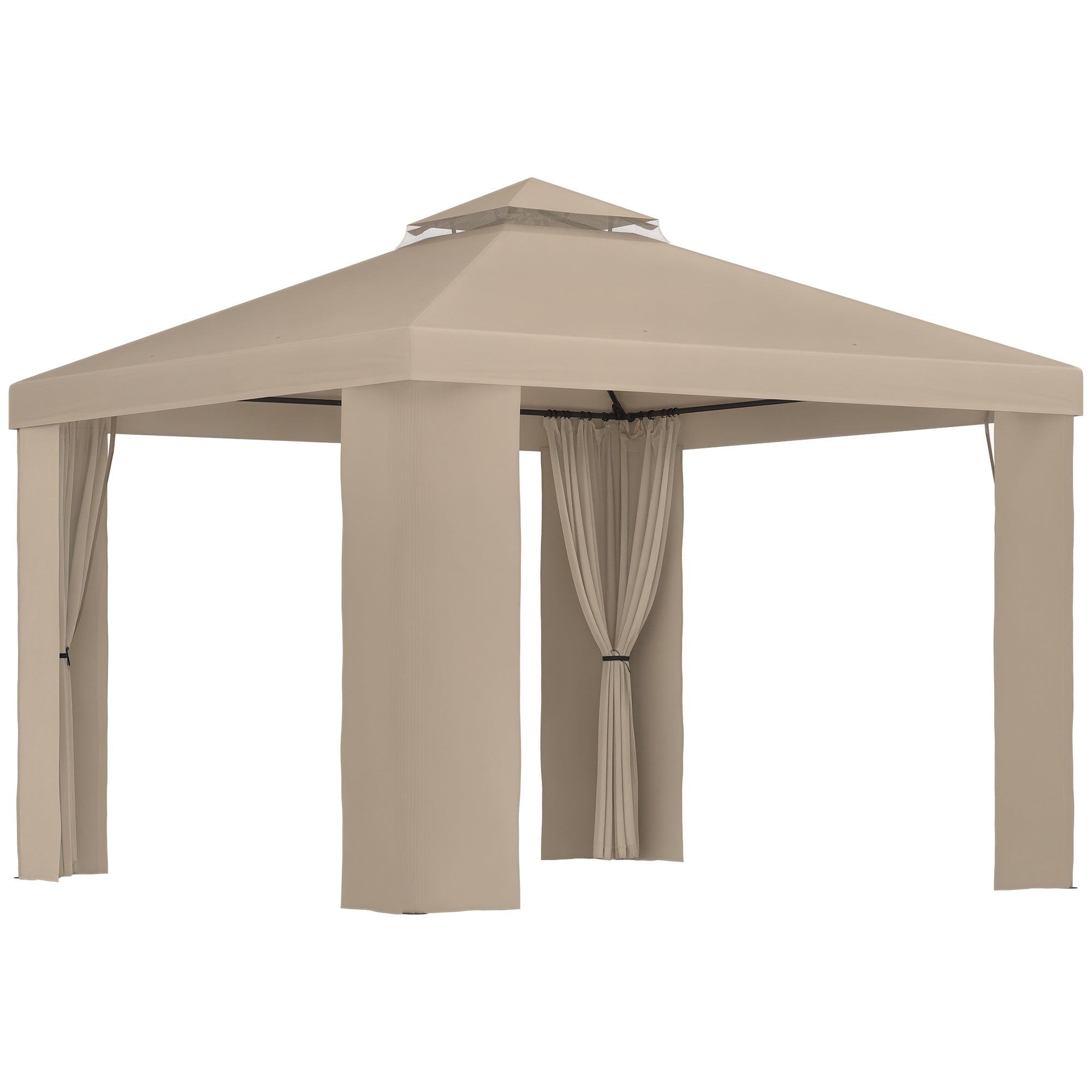3x3m Khaki Garden Gazebo with Mosquito Netting and 2-Level Polyester Roof