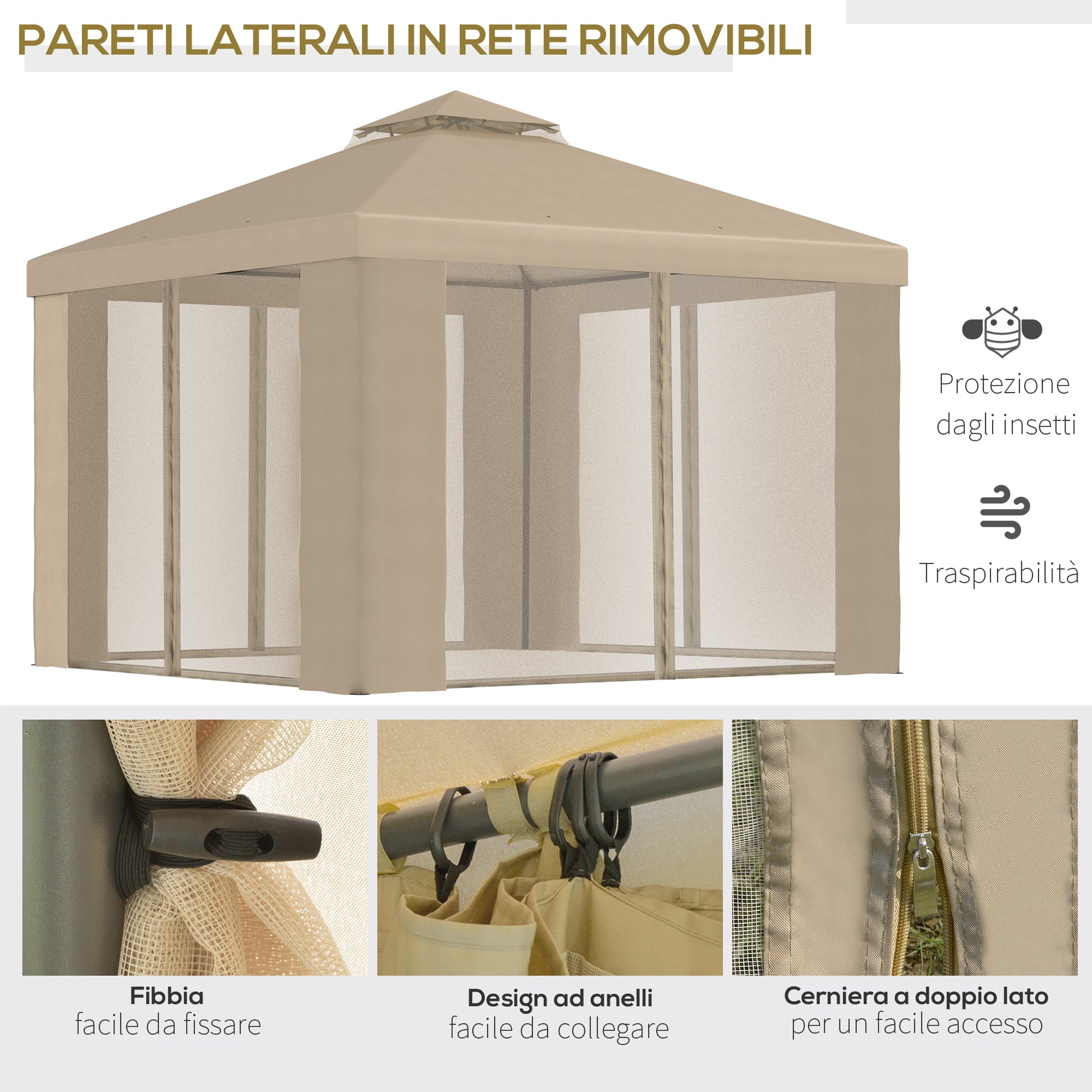 3x3m Khaki Garden Gazebo with Mosquito Netting and 2-Level Polyester Roof