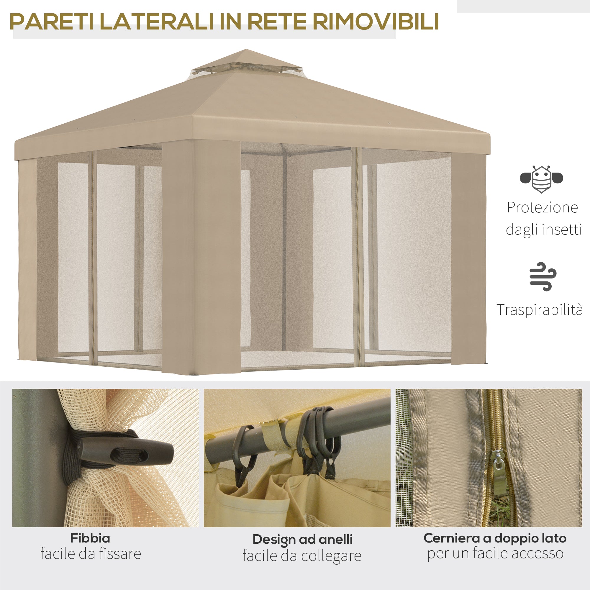 3x3m Khaki Garden Gazebo with Mosquito Netting and 2-Level Polyester Roof
